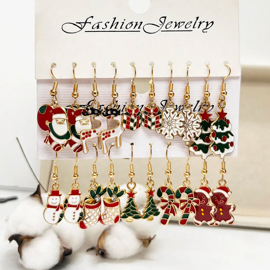 20PCS/10PCS Christmas Earrings Set Cartoon Dripping Oil Elk Santa Claus Gingerbread Man Earrings for Women Christmas Gifts