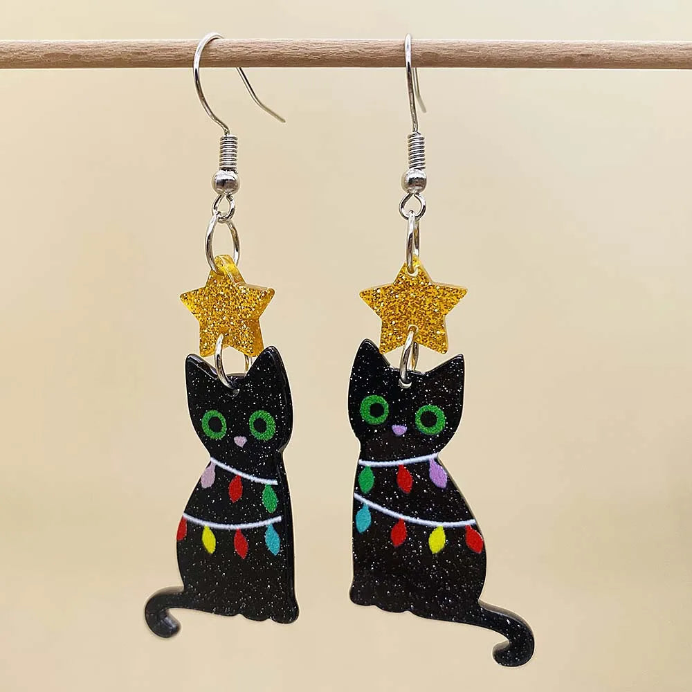 Black Christmas Acrylic Earrings Colorful Lights Cat Bells Earrings Fun Christmas Jewelry for Women Holiday Earrings