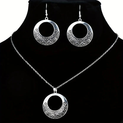 Boho Silver Earrings Necklace Combination Set