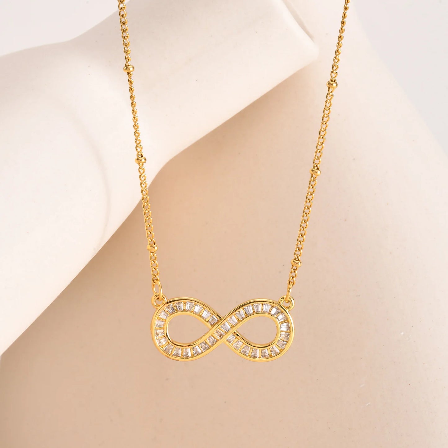 14k Gold Plated Stainless Steel Button Bead Chain Copper Zircon Infinity Necklace /Forever Fashion Love  Pendant Necklace