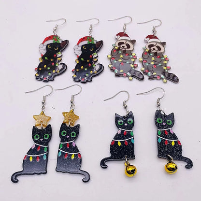 Black Christmas Acrylic Earrings Colorful Lights Cat Bells Earrings Fun Christmas Jewelry for Women Holiday Earrings