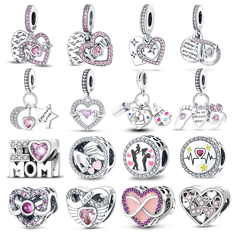 Real 925 Sterling Silver Pink Series Heart Charms Beads Fit Pandora 925 Original Bracelets DIY Mother's Day Jewelry Gift For Mom