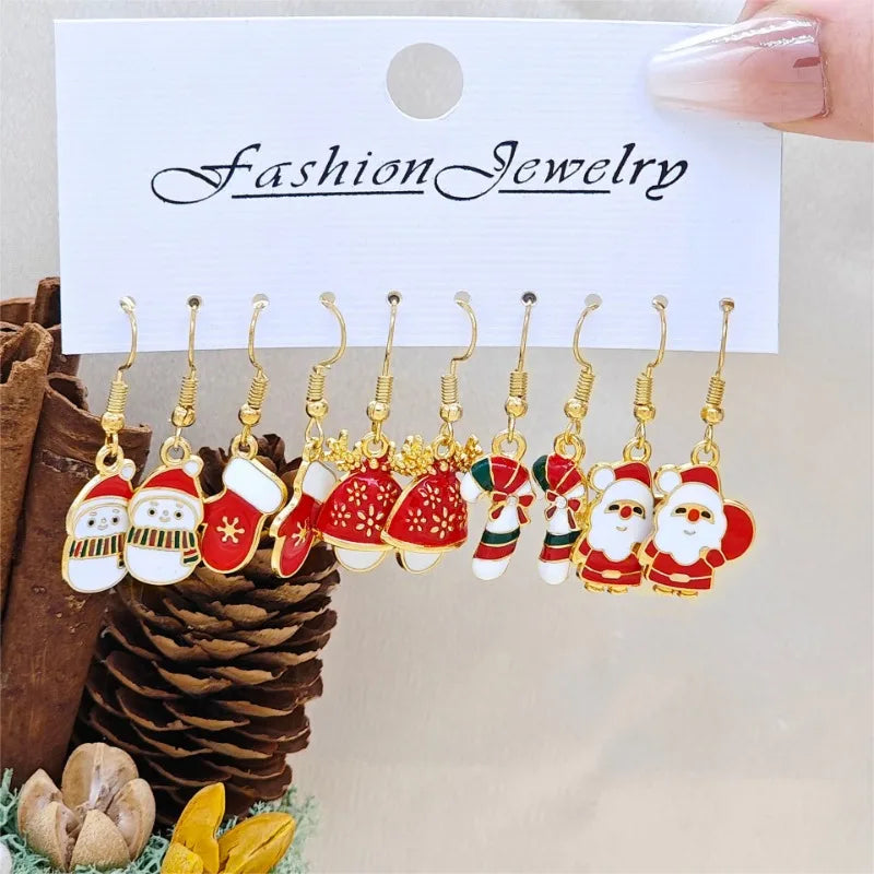 25Pairs/5Pairs Fashion Christmas Earrings Set Cartoon Snowflake Elk Santa Claus Dangle Earrings For Women Christmas Gifts