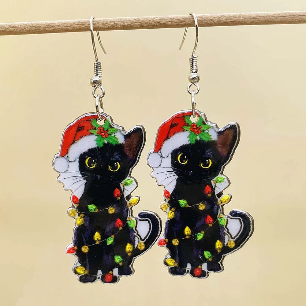 Black Christmas Acrylic Earrings Colorful Lights Cat Bells Earrings Fun Christmas Jewelry for Women Holiday Earrings