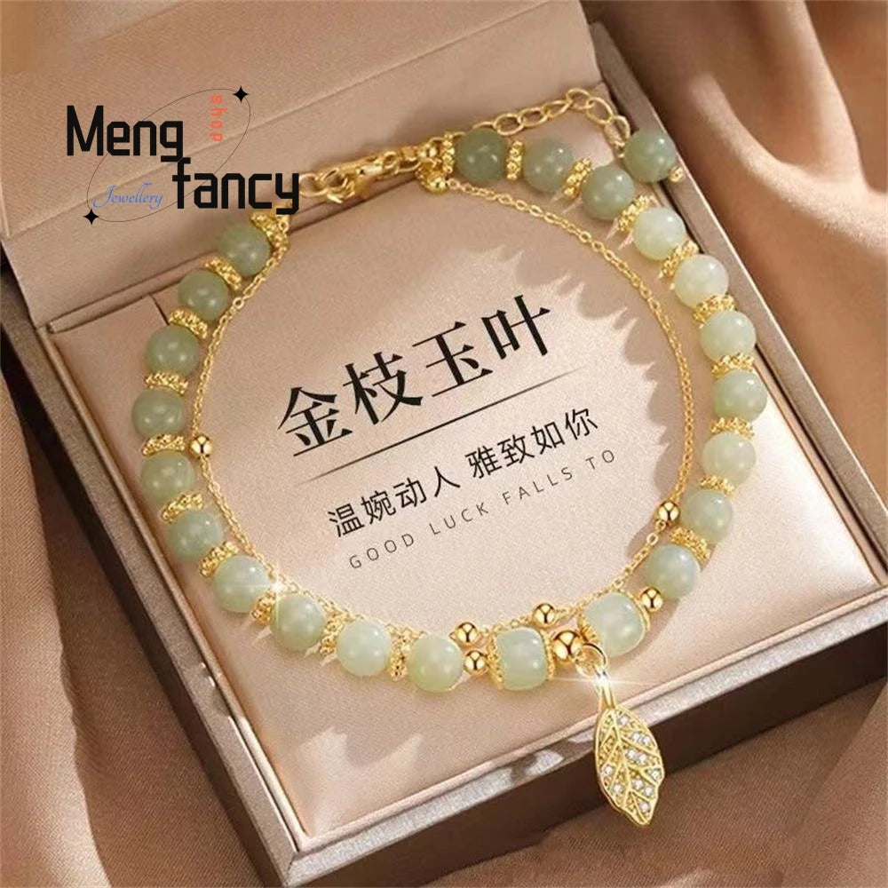 Natural Hetian Jasper Golden Branch Jade Leaves Bracelet Exquisite Holiday Gift Set