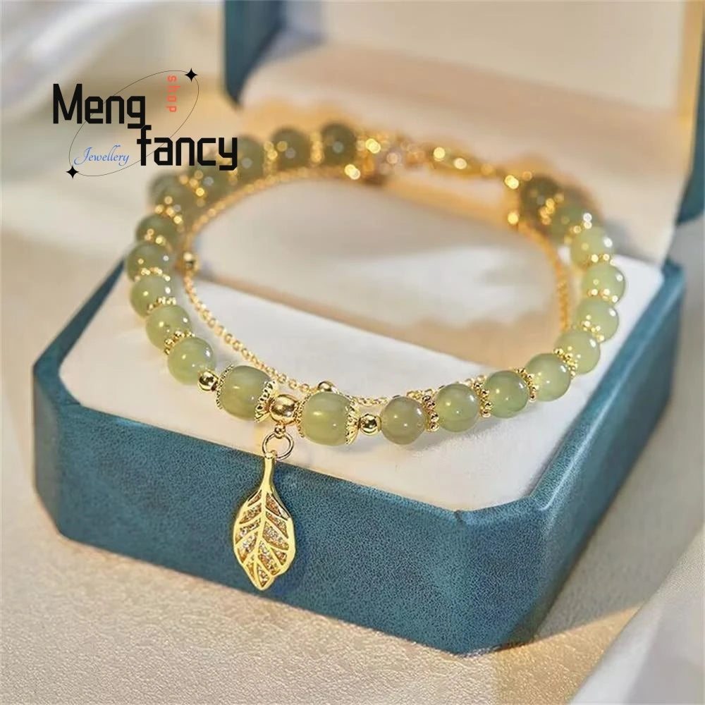 Natural Hetian Jasper Golden Branch Jade Leaves Bracelet Exquisite Holiday Gift Set