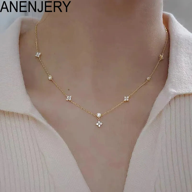 Inlaid Zircon Four-leaf Flower Chain Necklace for Women / Niche Light luxury choker