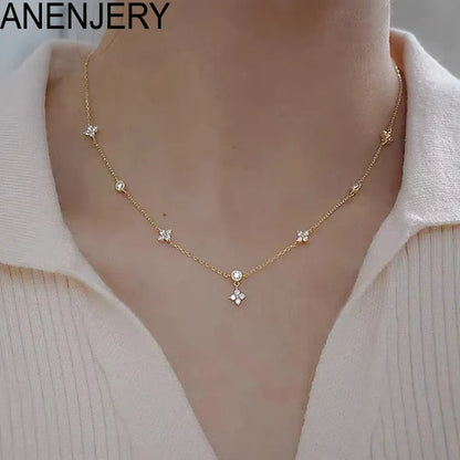 Inlaid Zircon Four-leaf Flower Chain Necklace for Women / Niche Light luxury choker