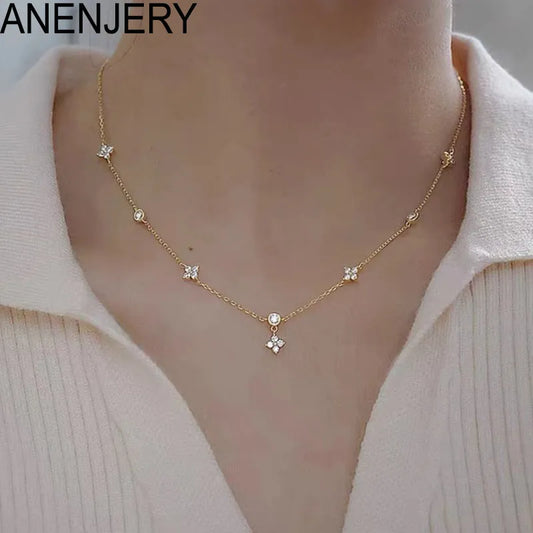 Inlaid Zircon Four-leaf Flower Chain Necklace for Women / Niche Light luxury choker