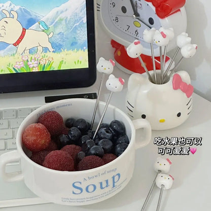 2024 New Kawaii Sanrio Home Hello Kitty Stainless Steel Fruit Fork Base High-Looking Cute Cartoon Fruit Pick Set