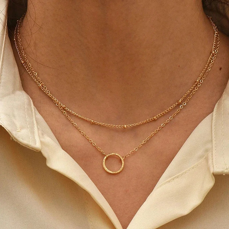 Classic Stainless Steel Gold Color Necklace for Women Jewelry Round Pendant and Bar Necklace