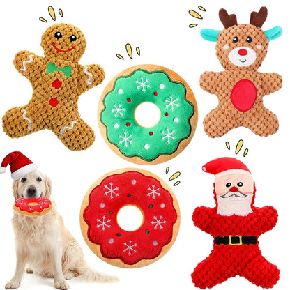 Pet Dog Plush Chewing Toy | Santa, Elk, Gingerbread Man, Donut, Cat, Dogs | Christmas Series Cartoon Plush Squeak Toy Pets