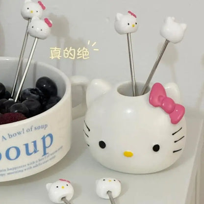 2024 New Kawaii Sanrio Home Hello Kitty Stainless Steel Fruit Fork Base High-Looking Cute Cartoon Fruit Pick Set