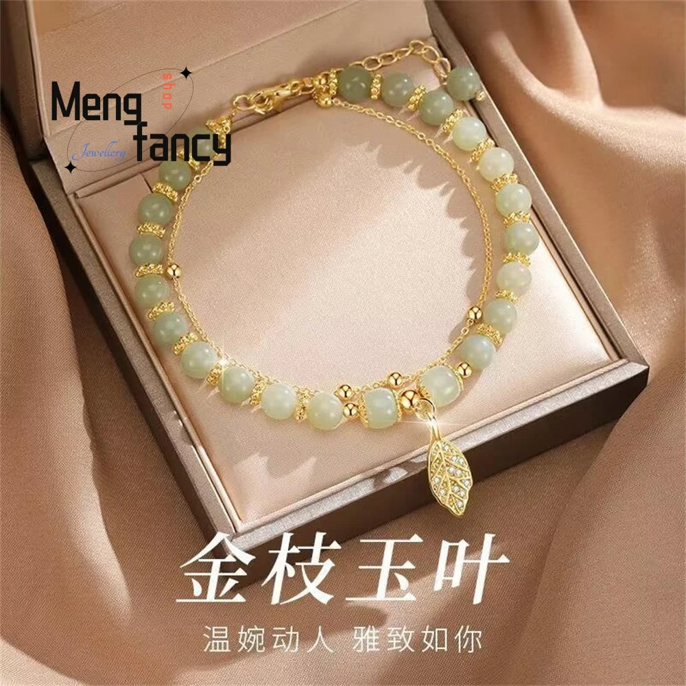 Natural Hetian Jasper Golden Branch Jade Leaves Bracelet Exquisite Holiday Gift Set