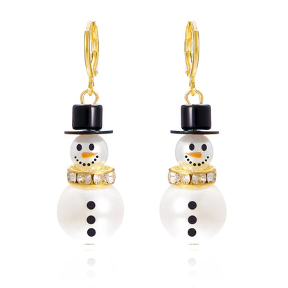 Luxury Fashion Christmas Rhinestone Snowflake Imitation Pearl Hat Snowman Earrings For Women Cute New Year Party Jewelry Gift