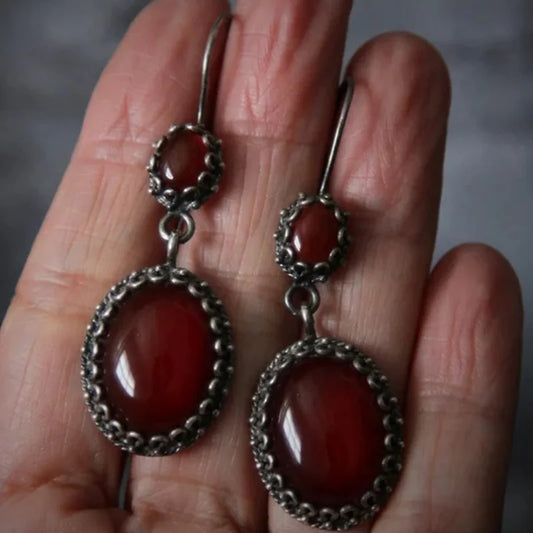 Vintage Oval Inlaid Red Zircon for Women /Classic Drop Earrings / Gifts