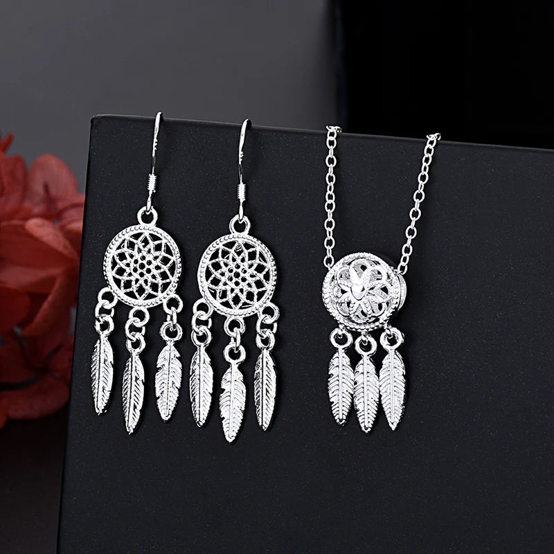 Fine 925 Sterling Silver Charm Necklace Earring Jewelry Set for Women / Retro / Trendy Gifts