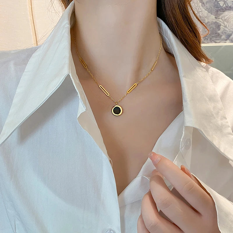 Roman Glam: Stainless Steel Wafer Pendant Necklace