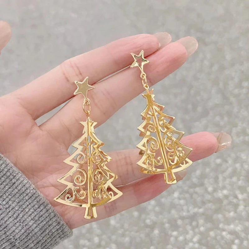 New 3D Christmas Tree Earrings For Women Girls Hollow Out Snow Star Pendent Dangle Earring Xmas Party Jewelry Gift