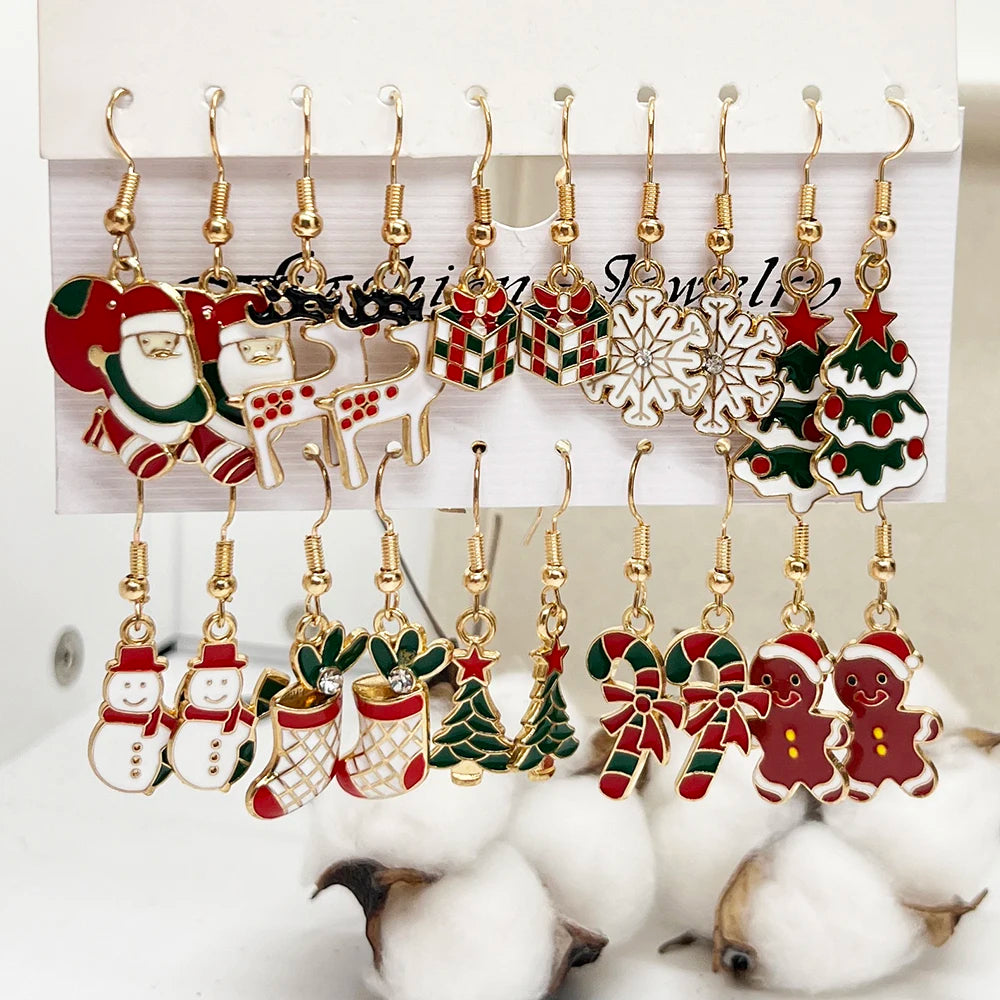 20PCS/10PCS Christmas Earrings Set Cartoon Dripping Oil Elk Santa Claus Gingerbread Man Earrings for Women Christmas Gifts